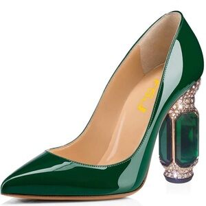 FSJ Olive Bridal Pointed Toe Chunky Block High Heel Crystal Pumps